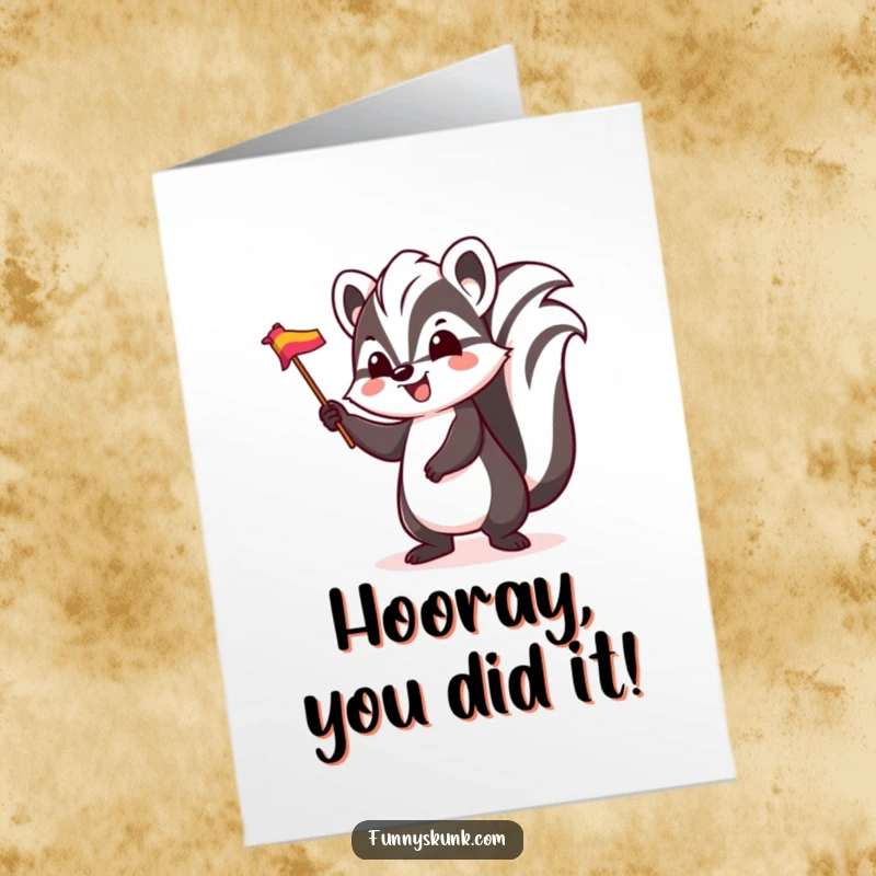 Funny Free Printable Congratulations Card: A skunk character bounces energetically while waving a small, vibrant, colorful flag.