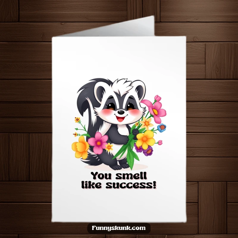 Funny Free Printable Congratulations Card: A cheerful skunk proudly carries a vibrant, unusual bouquet of flowers.