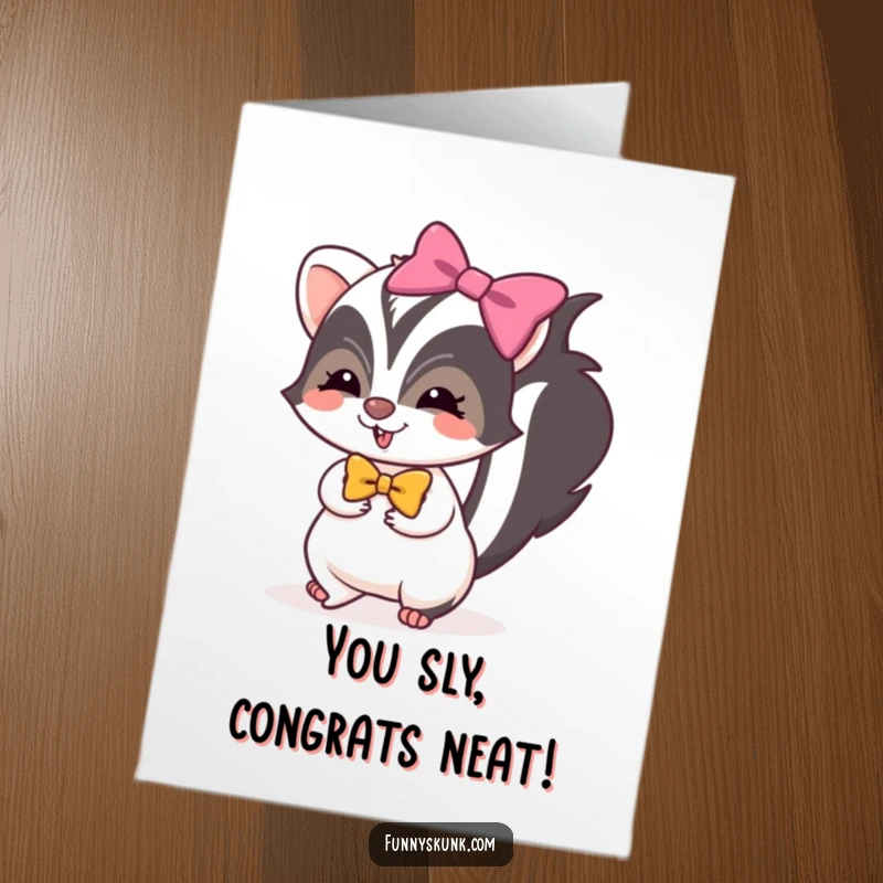 Funny free printable congratulations card of a skunk in a bright bow tiptoeing with mischievous glee and a smile.