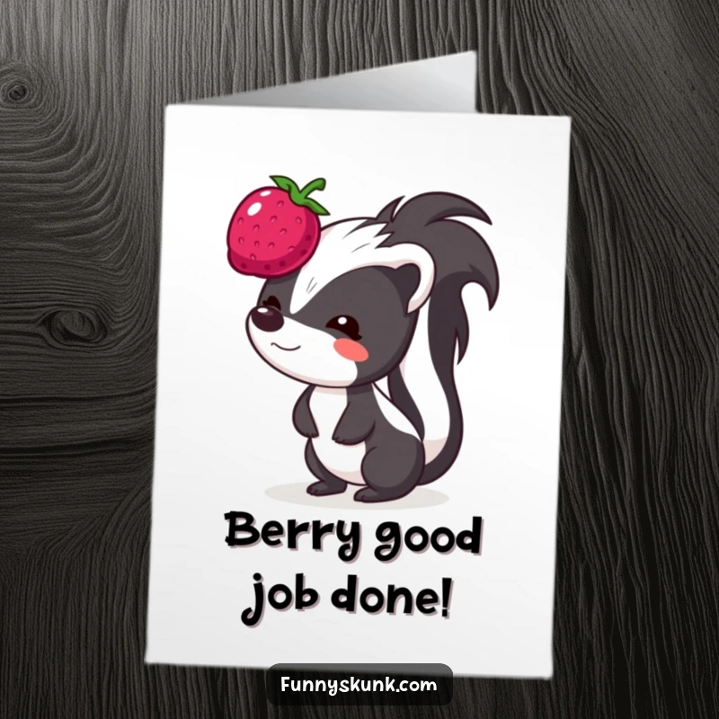 Funny Free Printable Congratulations Card: A skunk character with a funny face attempts to balance a bouncing berry on its head.