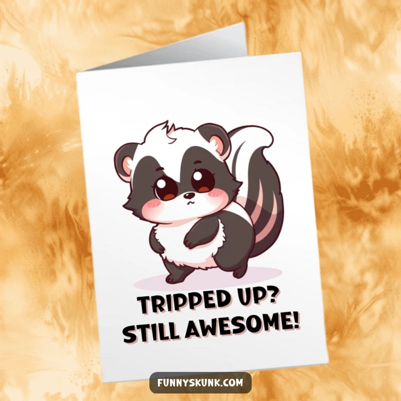 Funny Free Printable Congratulations Card: Fluffy Skunk Tripping Over Tail with Surprised Eyes