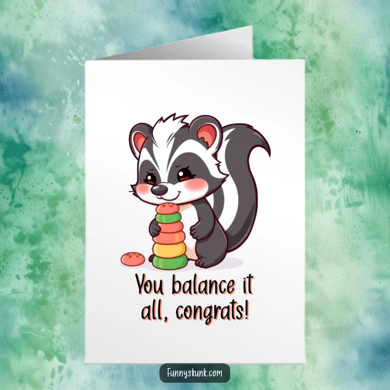 Funny Free Printable Congratulations Card: A skunk masterfully balancing a stack of colorful candies on its nose, a sweet downloadable.