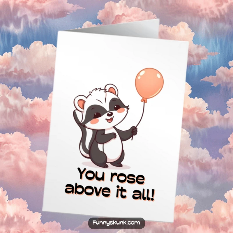 Funny Free Printable Congratulations Card showcasing a joyful skunk floating skyward with a single balloon, symbolizing good news.