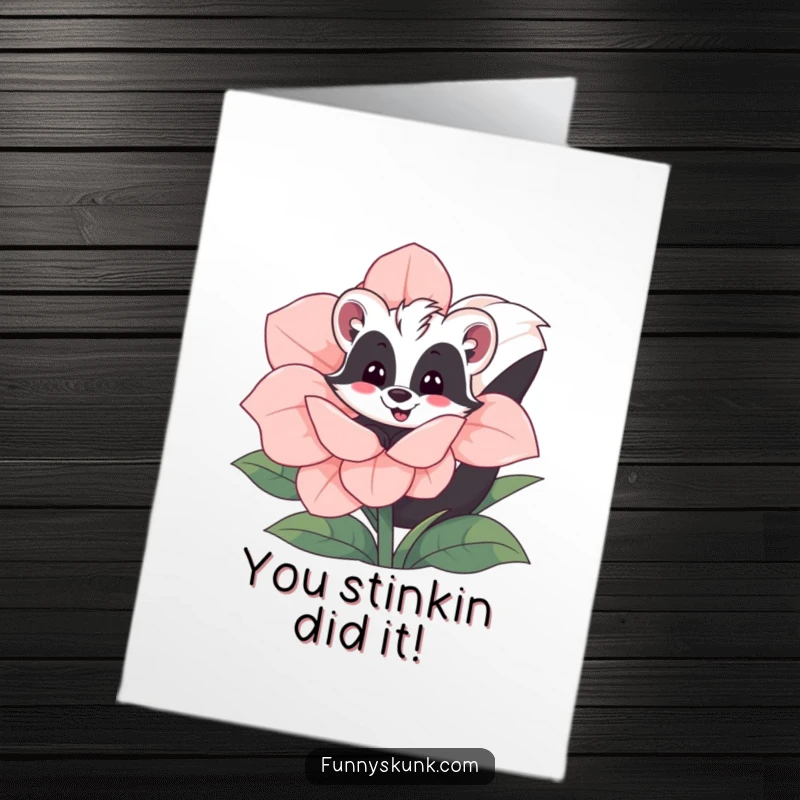 Funny Free Printable Congratulations Card: Adorable skunk peeking from a giant flower, celebrating achievements with a cheerful, humorous design.