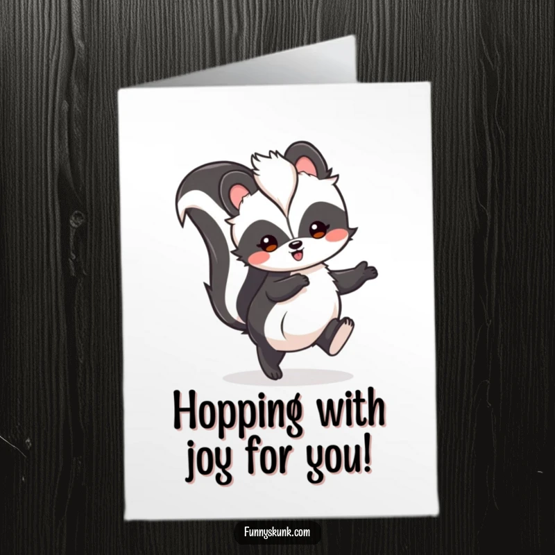 Funny Free Printable Congratulations Card: A fluffy skunk doing a happy hop, tail high, celebrating achievements with humor.
