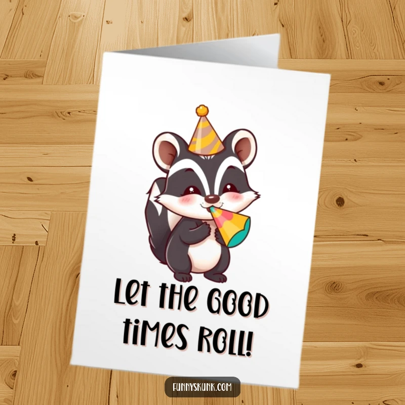 Funny Free Printable Congratulations Card: A skunk in a party hat blowing a noise maker, celebrating success with humorous festivity.