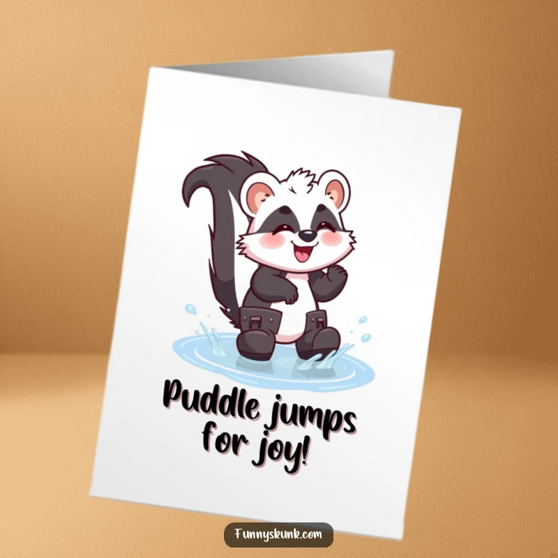 Funny Free Printable Congratulations Card: A giggling skunk in oversized boots splashes joyfully in a puddle, celebrating achievements.