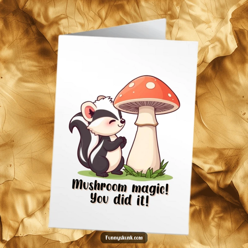 Funny Free Printable Congratulations Card: A curious skunk with a gentle smile explores a large, shy mushroom.