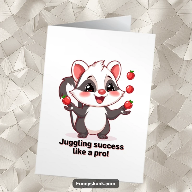 Funny Free Printable Congratulations Card: A happy skunk juggling berries, celebrating success with a cheerful, humorous design.