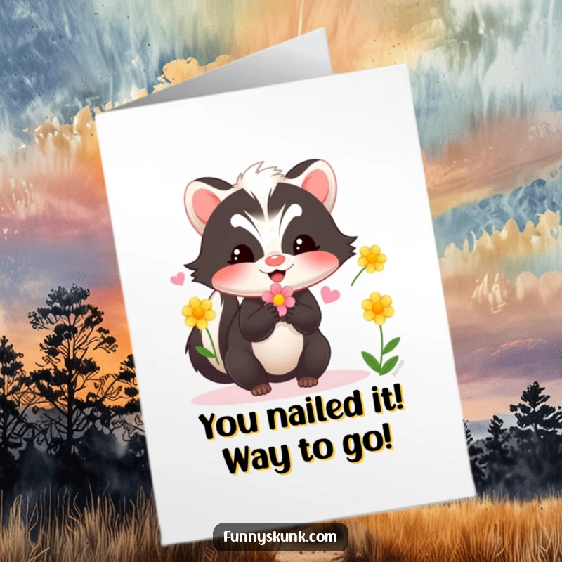 Funny Free Printable Congratulations Card: A happy skunk expertly juggling colorful flowers for your celebration.