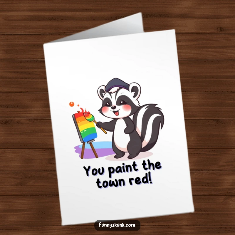 Funny Free Printable Congratulations Card: Cute Skunk in Beret Joyfully Painting a Colorful Rainbow