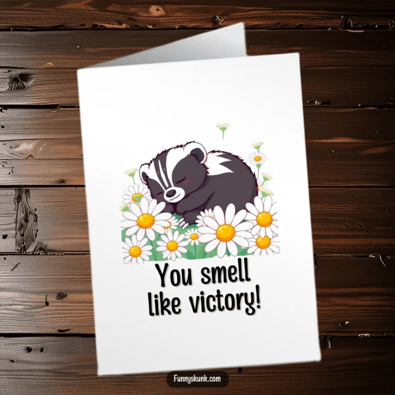 Funny Free Printable Congratulations Card: A content skunk naps peacefully among oversized daisies, celebrating success with quiet joy.