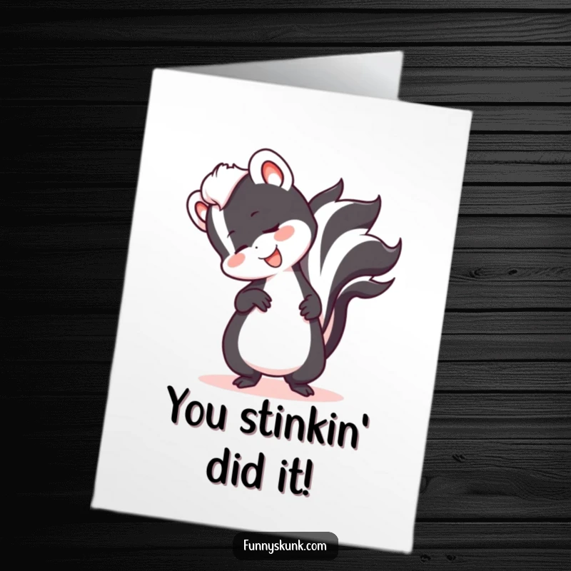 Funny Free Printable Congratulations Card: A smiling skunk comically tripping over its tail, sending best wishes.