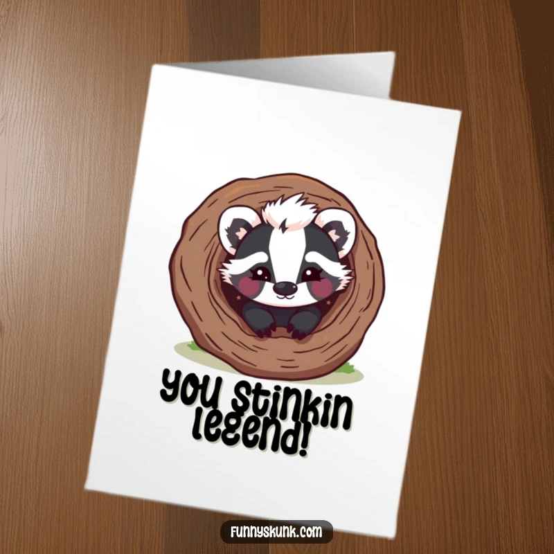 Funny Free Printable Congratulations Card: A mischievous skunk peeks from a log with a playful wink, celebrating achievements with humor.