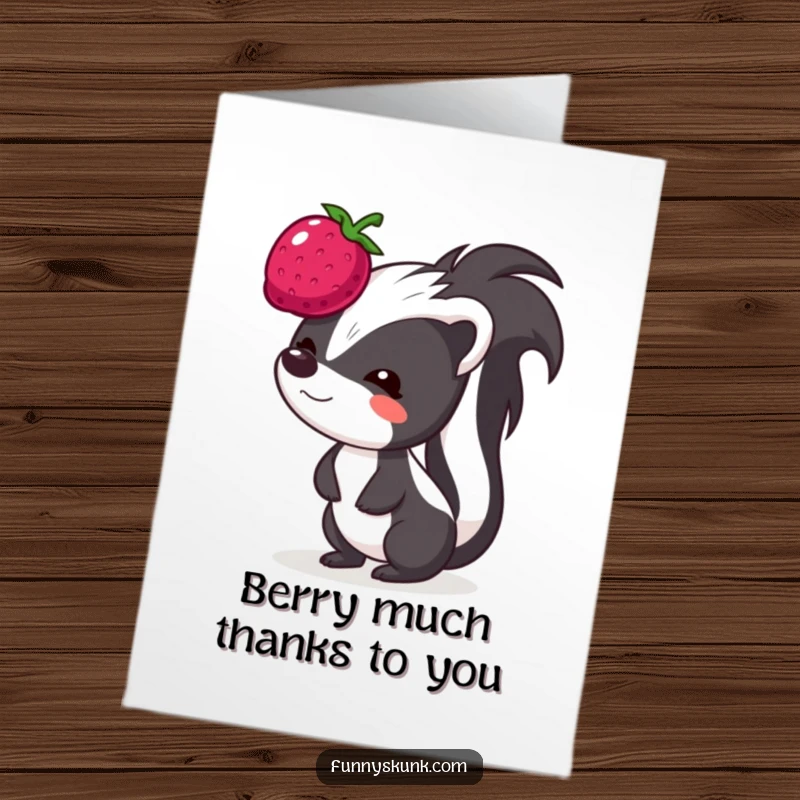 Funny Free Printable Thank You Card: A skunk with a funny expression tries balancing a wobbly berry on its head.