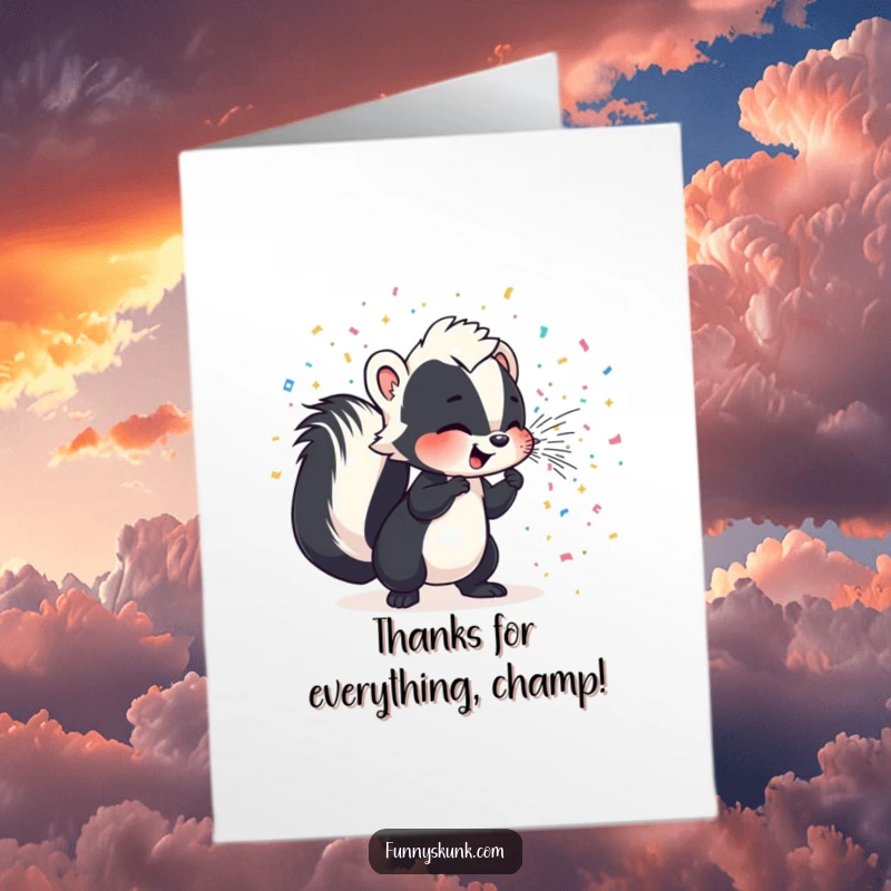 Funny Free Printable Thank You Card: Cute skunk character joyfully spraying a vibrant cloud of sparkling confetti.