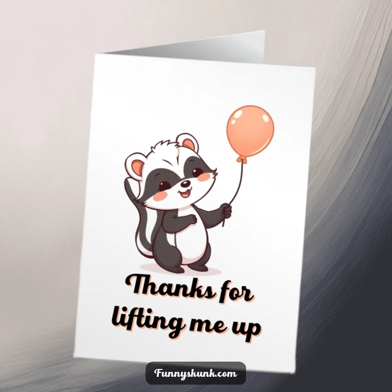 Funny Free Printable Thank You Card: A happy skunk ascends with a balloon, carrying your appreciation to new heights.