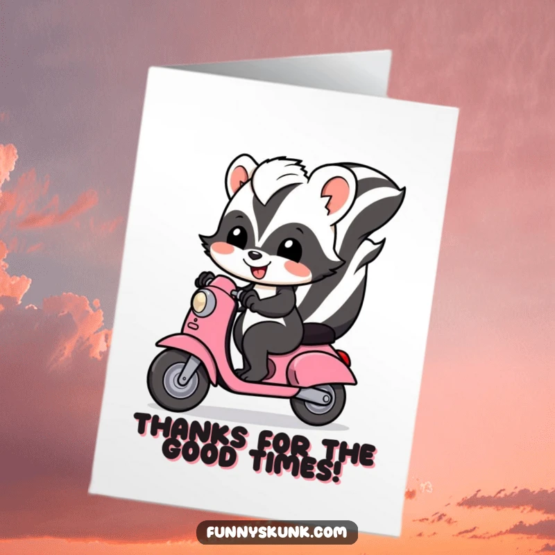 Funny free printable thank you card of a happy skunk riding a small scooter with a big smile.
