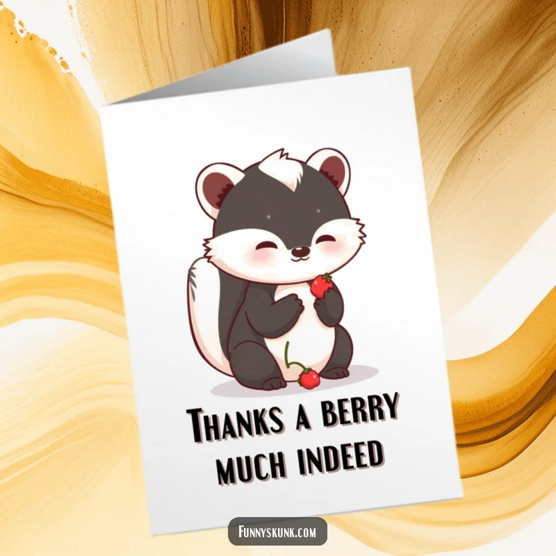 Funny Free Printable Thank You Card: A shy skunk offers a berry with a hopeful expression, conveying sincere thanks.