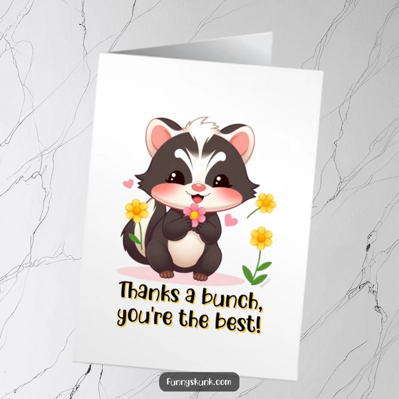 Funny Free Printable Thank You Card: A happy skunk juggling flowers, expressing delightful gratitude.