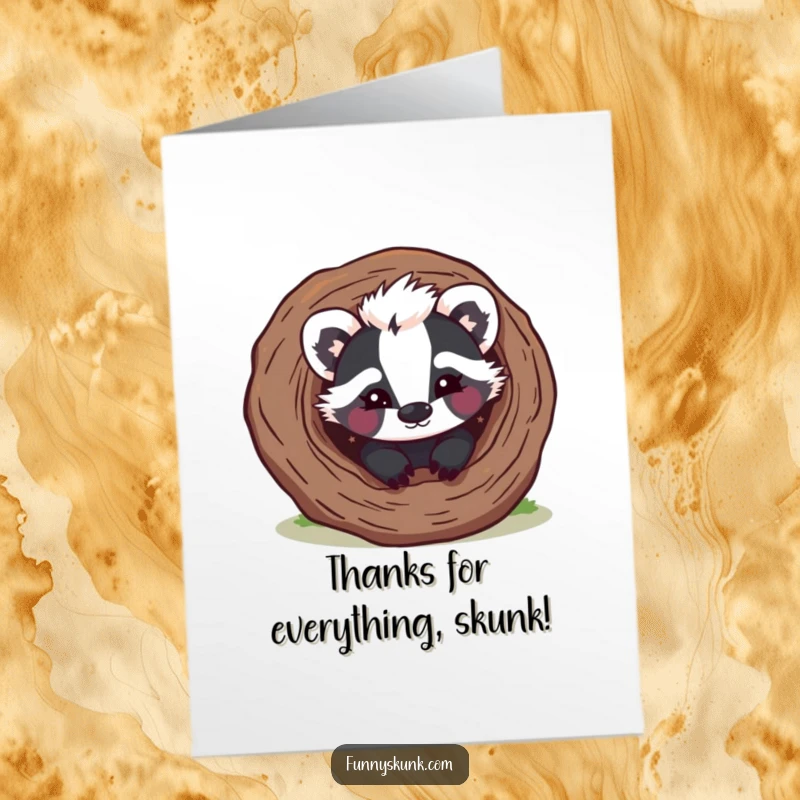 Funny Free Printable Thank You Card: A mischievous skunk peeks from a log with a playful wink, offering a humorous thank you.