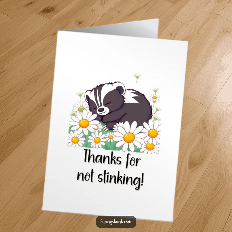 Funny Free Printable Thank You Card: A content skunk naps peacefully in daisies, offering a humorous and serene thank you.