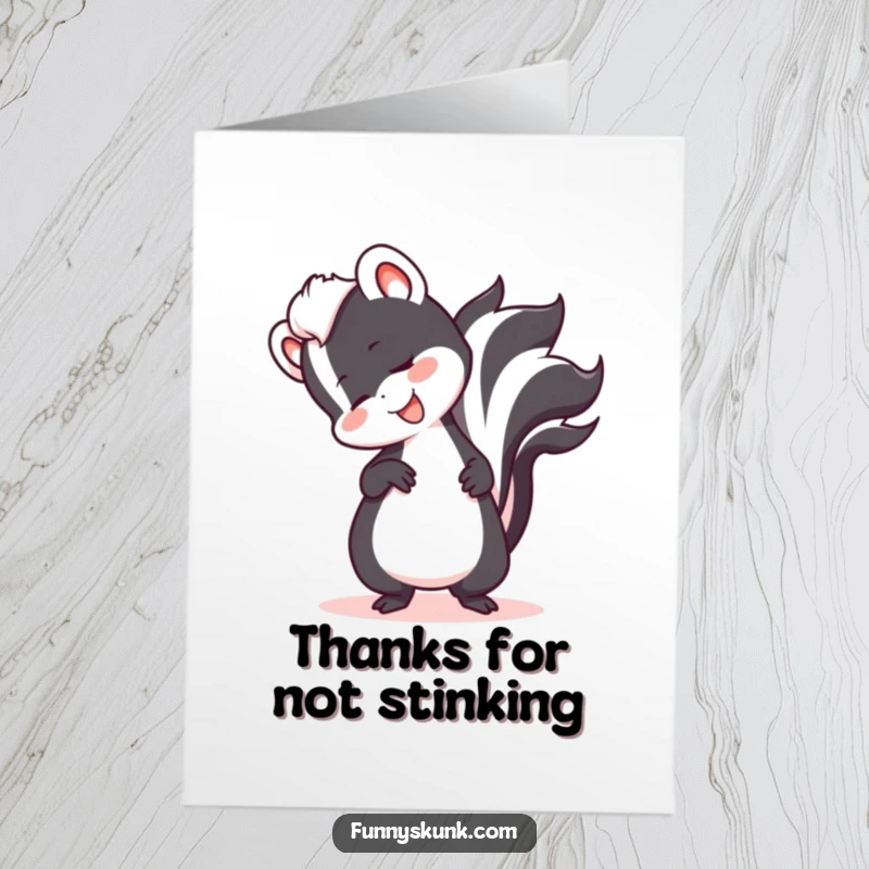 Funny Free Printable Thank You Card: A skunk hilariously trips over its tail, conveying thanks with a smile.