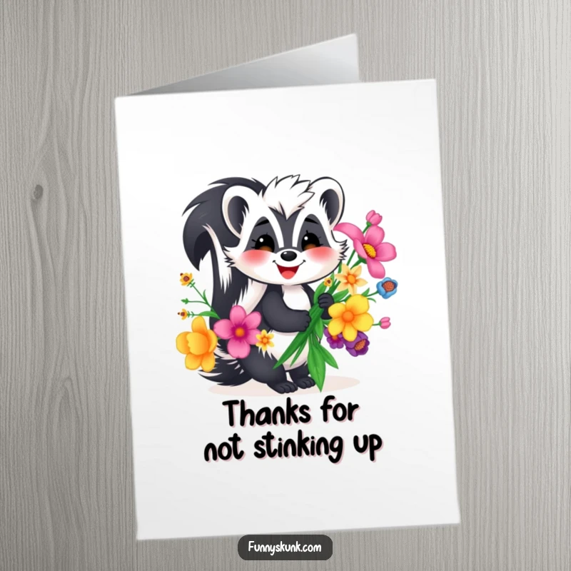 Funny Free Printable Thank You Card: A happy skunk with a big smile offers a unique flower bouquet.