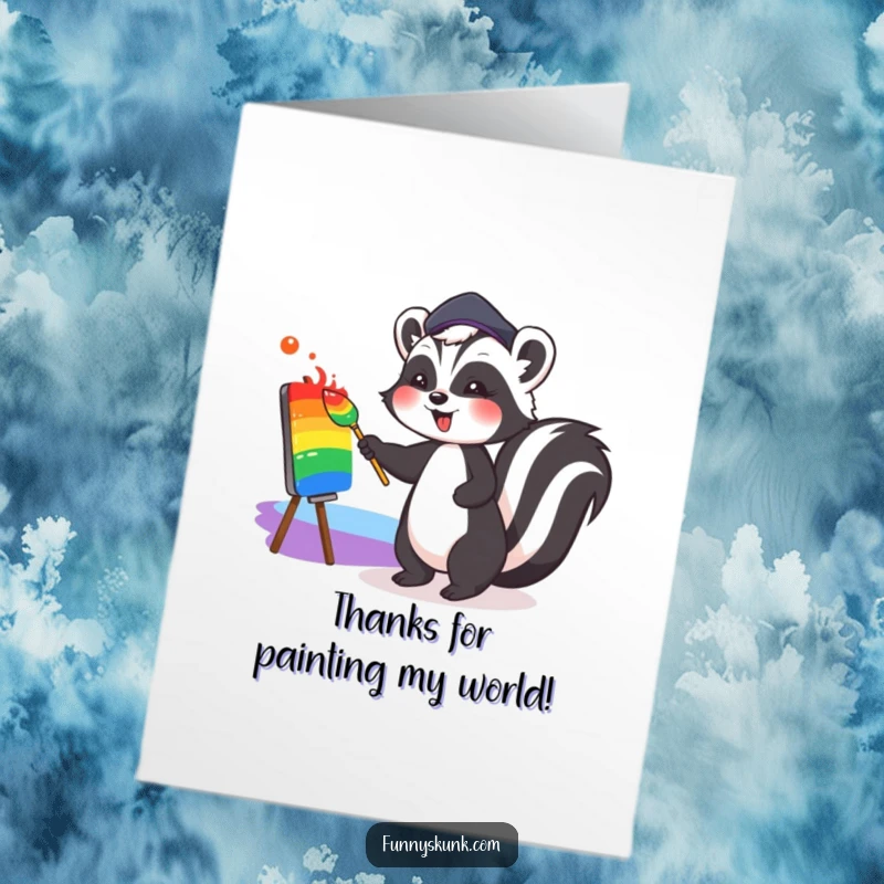 Funny Free Printable Thank You Card: Cute Skunk in Beret Joyfully Painting a Colorful Rainbow