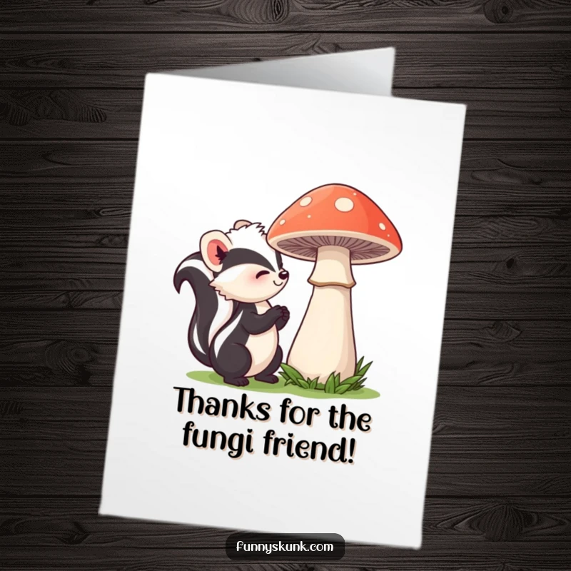 Funny Free Printable Thank You Card: A curious skunk gently sniffs a shy mushroom, conveying thanks.