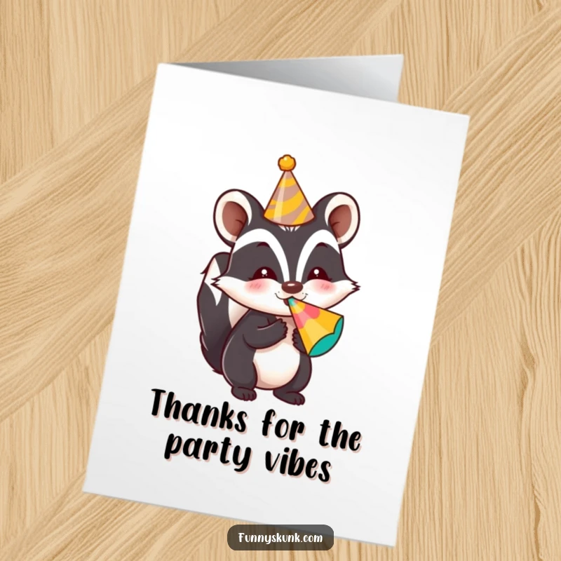 Funny Free Printable Thank You Card: A party skunk blowing a noise maker, offering a humorous and thankful celebration.