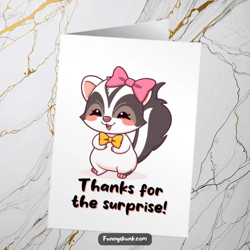 Funny free printable thank you card of a skunk wearing a bright bow, tiptoeing with mischievous glee.