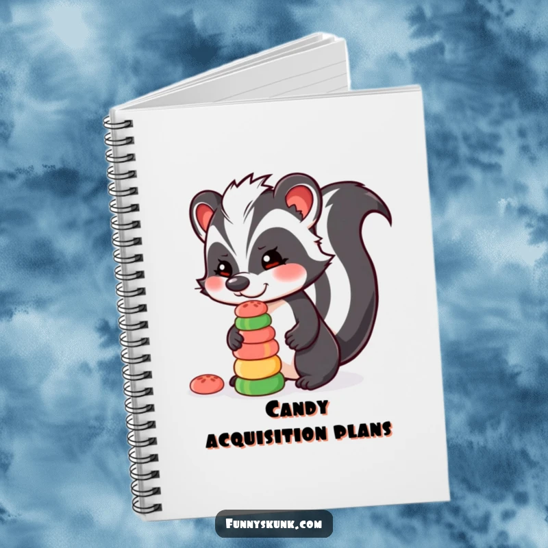 Funny skunk notebook with a skunk character balancing a stack of colorful candies on its nose, a whimsical writing companion.