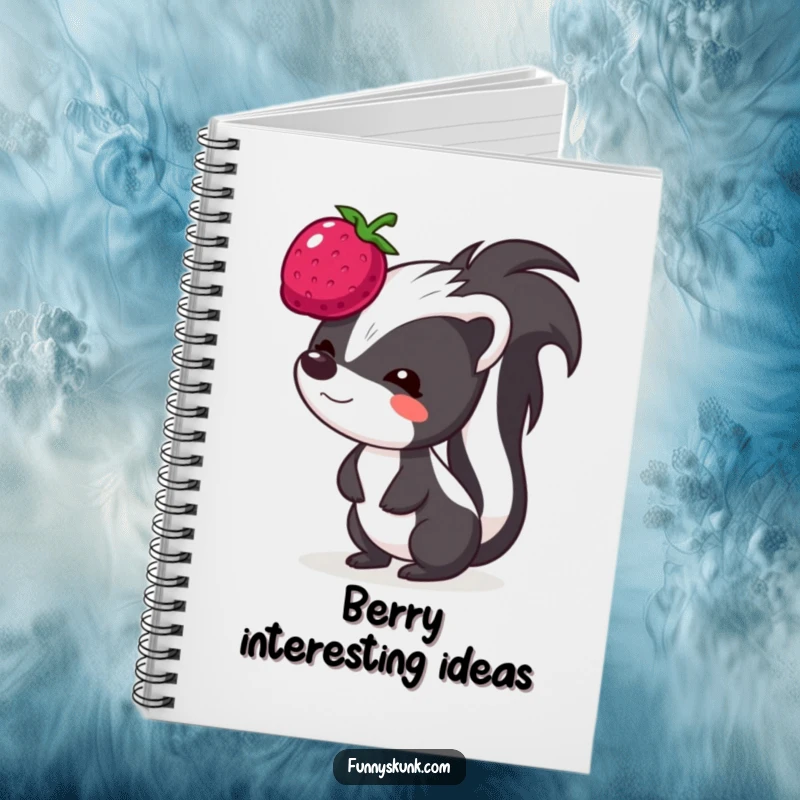 Funny skunk notebook, a skunk making a funny face trying to balance a bouncing berry on its head, great for notes.