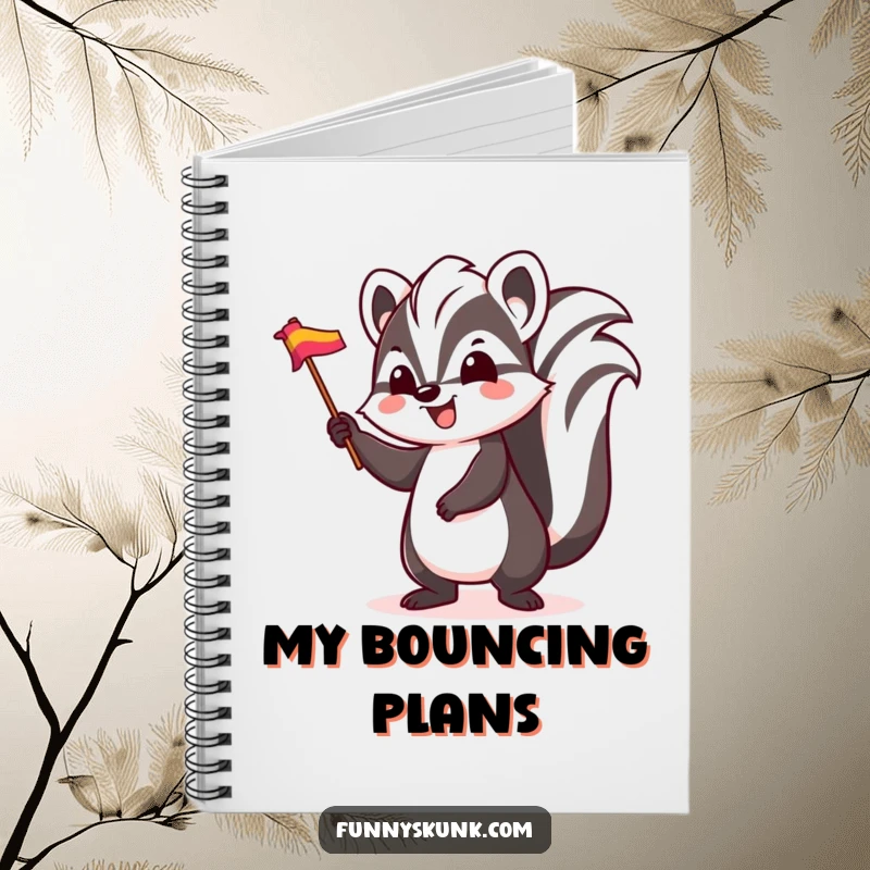 Funny skunk notebook, a skunk character bouncing and waving a small, colorful flag, perfect for jotting down excited thoughts.