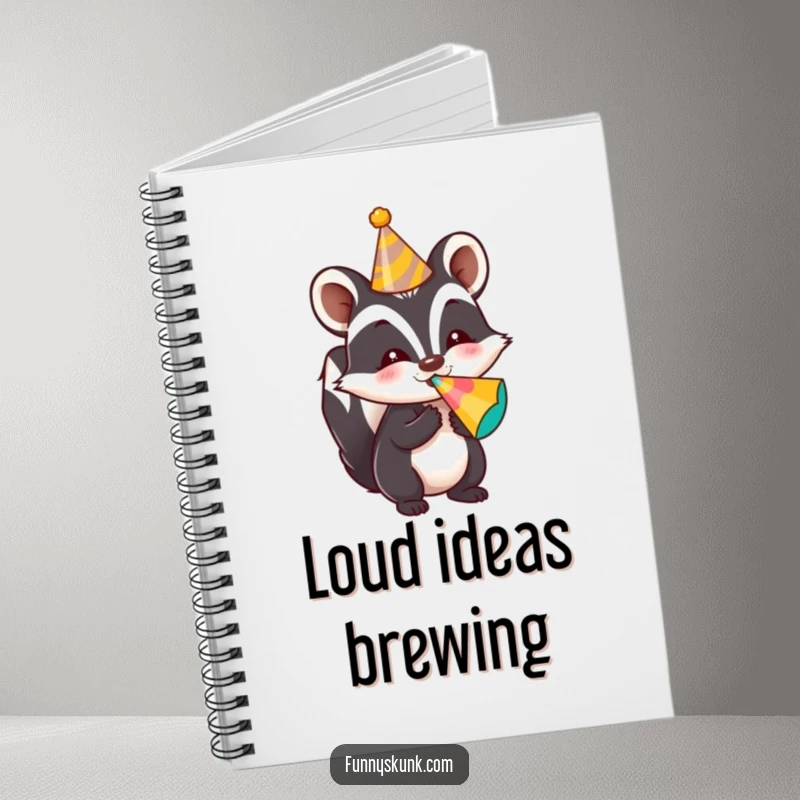 Funny skunk notebook with a skunk wearing a party hat and blowing a noisemaker, great for writing and planning.