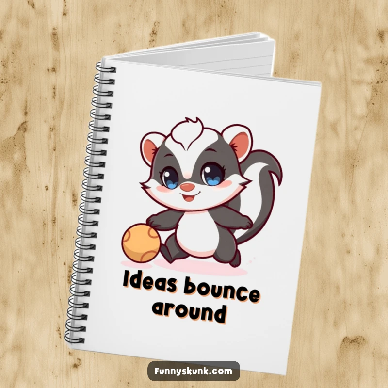 Funny skunk notebook featuring a skunk with wide eyes playfully chasing a bouncing ball, perfect for notes.