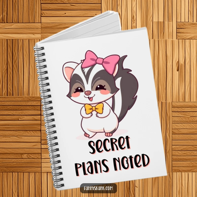 Funny skunk notebook featuring a skunk with a bright bow, tiptoeing with mischievous glee, perfect for notes.