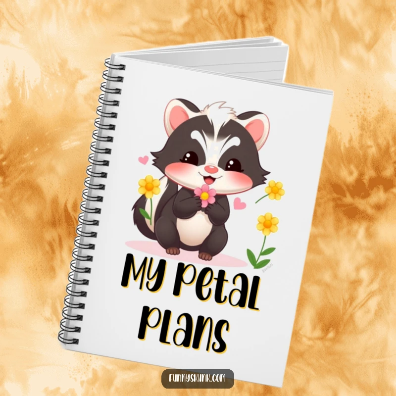 Funny skunk notebook showing a happy skunk juggling flowers, designed for capturing notes, thoughts, and creative inspiration with a playful touch.