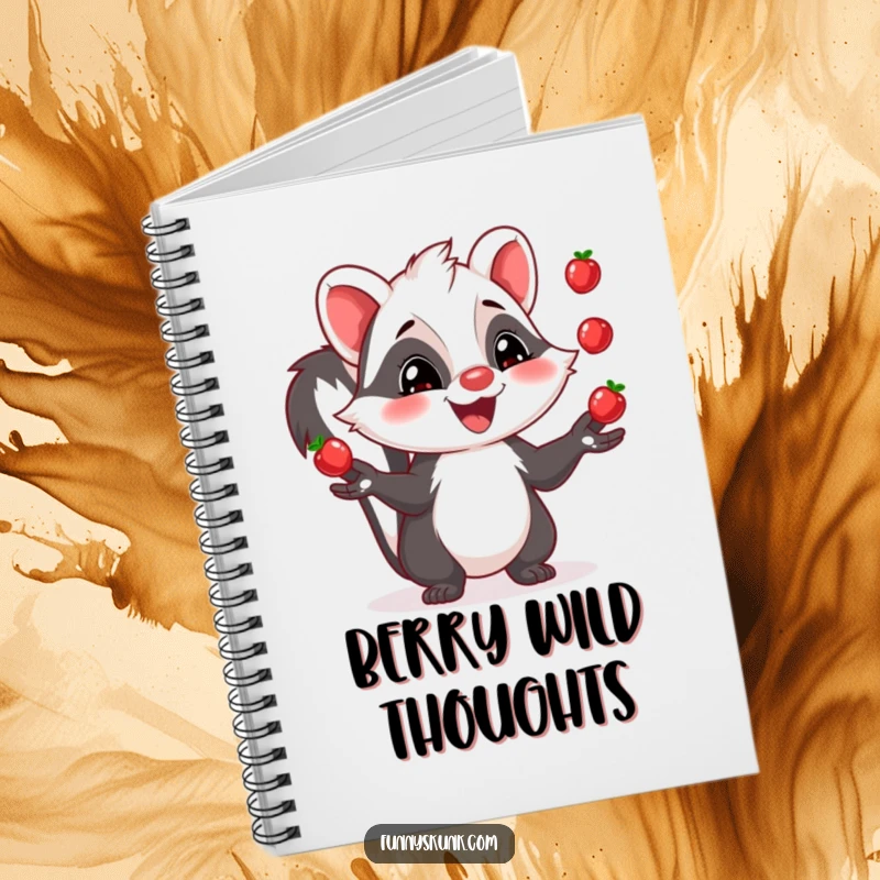 Funny skunk notebook with a grinning skunk juggling three shiny berries, great for writing and doodling.