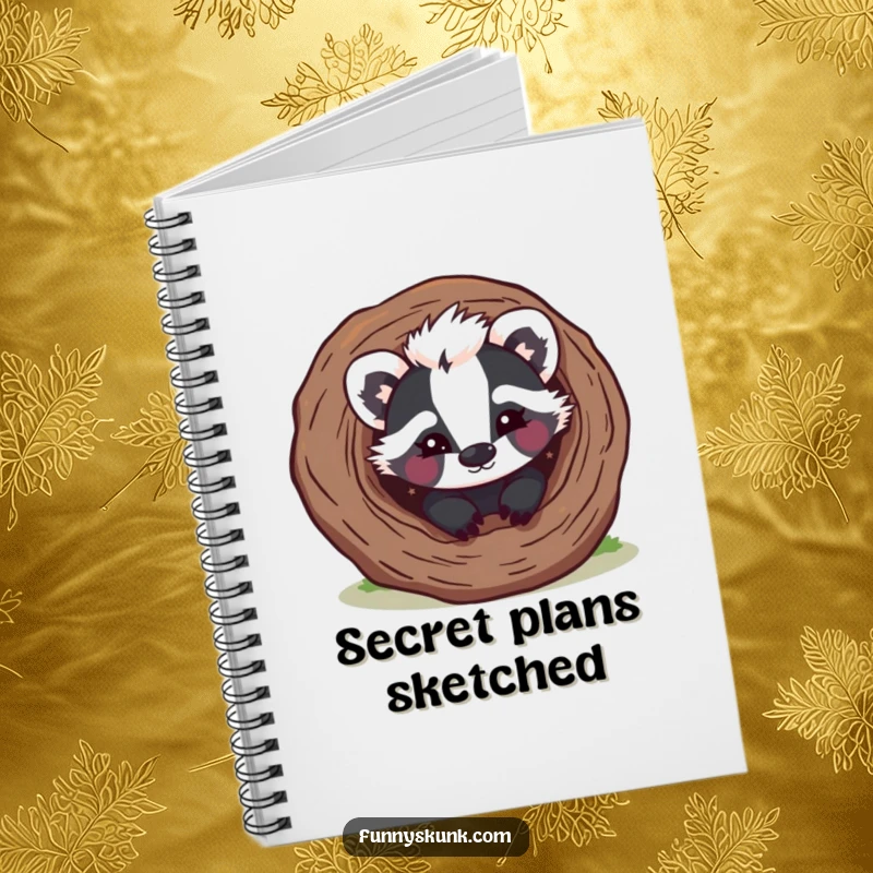 Funny skunk notebook showing a mischievous skunk peeking from a hollow log with a playful wink, ideal for secret notes.