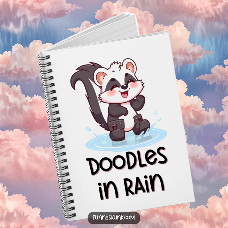 Funny skunk notebook showing a giggling skunk in boots splashing in a puddle, ideal for jotting down playful ideas.