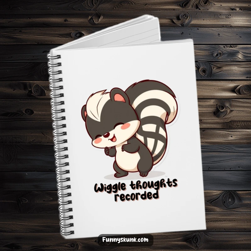 Funny skunk notebook, a skunk comically doing a happy tail wiggle, perfect for jotting down notes and ideas.