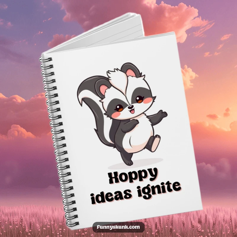 Funny skunk notebook with a fluffy skunk doing a happy hop, tail held high, great for writing and doodling.