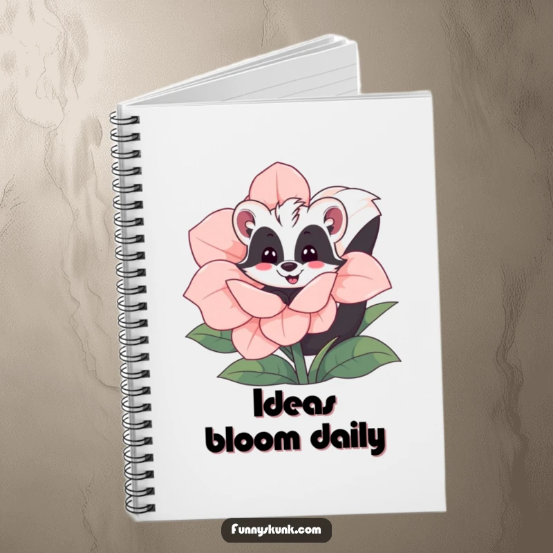 Funny skunk notebook with a skunk playfully peeking from behind a giant flower, great for writing and doodling.