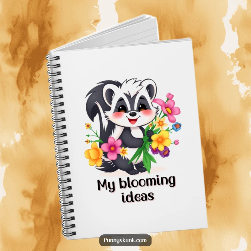 Funny skunk notebook, a smiling skunk happily presenting a bouquet of vibrant, unusual flowers, perfect for jotting notes.