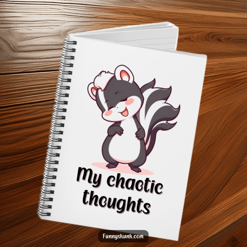 Funny skunk comically tripping over its tail with a goofy smile on a lined notebook cover, perfect for note-taking.