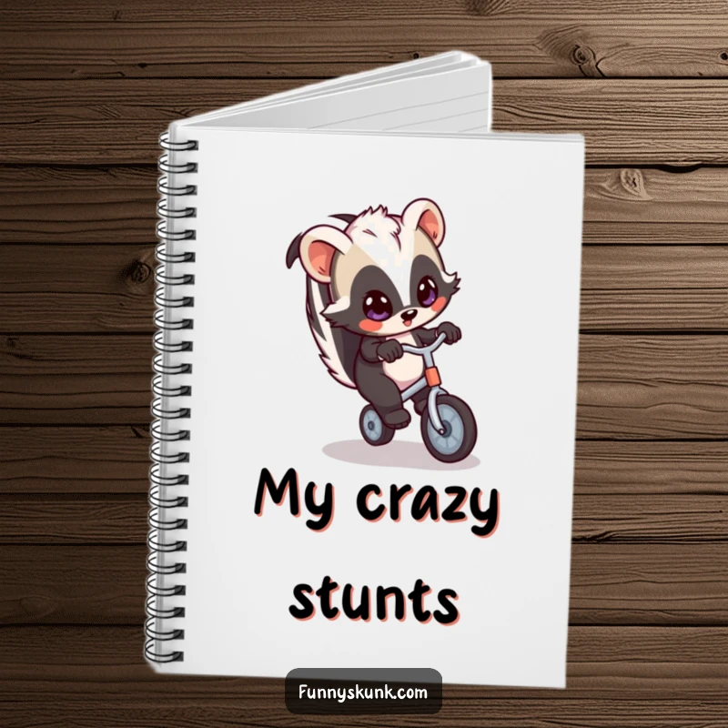 Funny skunk notebook showing a skunk wobbling on a unicycle, designed for jotting down notes and inspirations with a playful touch.