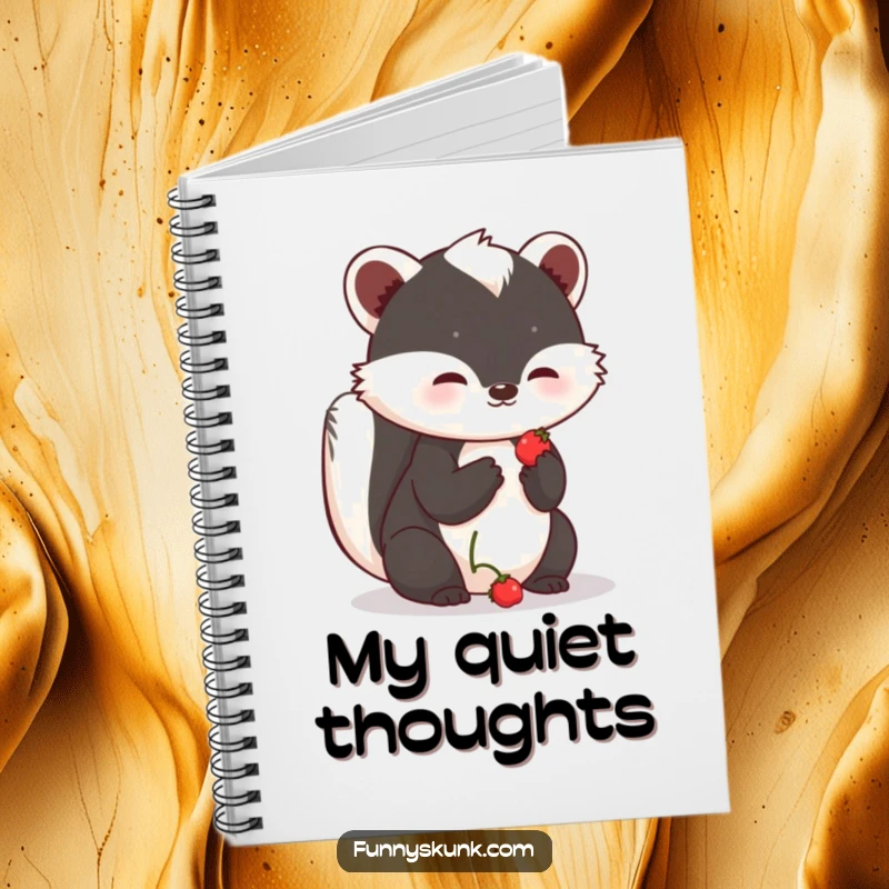 Funny shy skunk notebook with a skunk offering a small, sweet berry with a hopeful expression, ideal for writing and sketching.