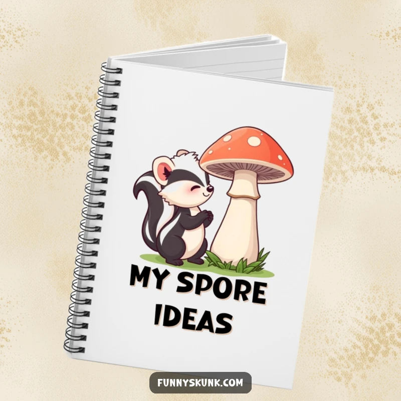 Funny skunk notebook depicting a curious skunk sniffing a shy mushroom, designed for jotting down nature-inspired thoughts and ideas.